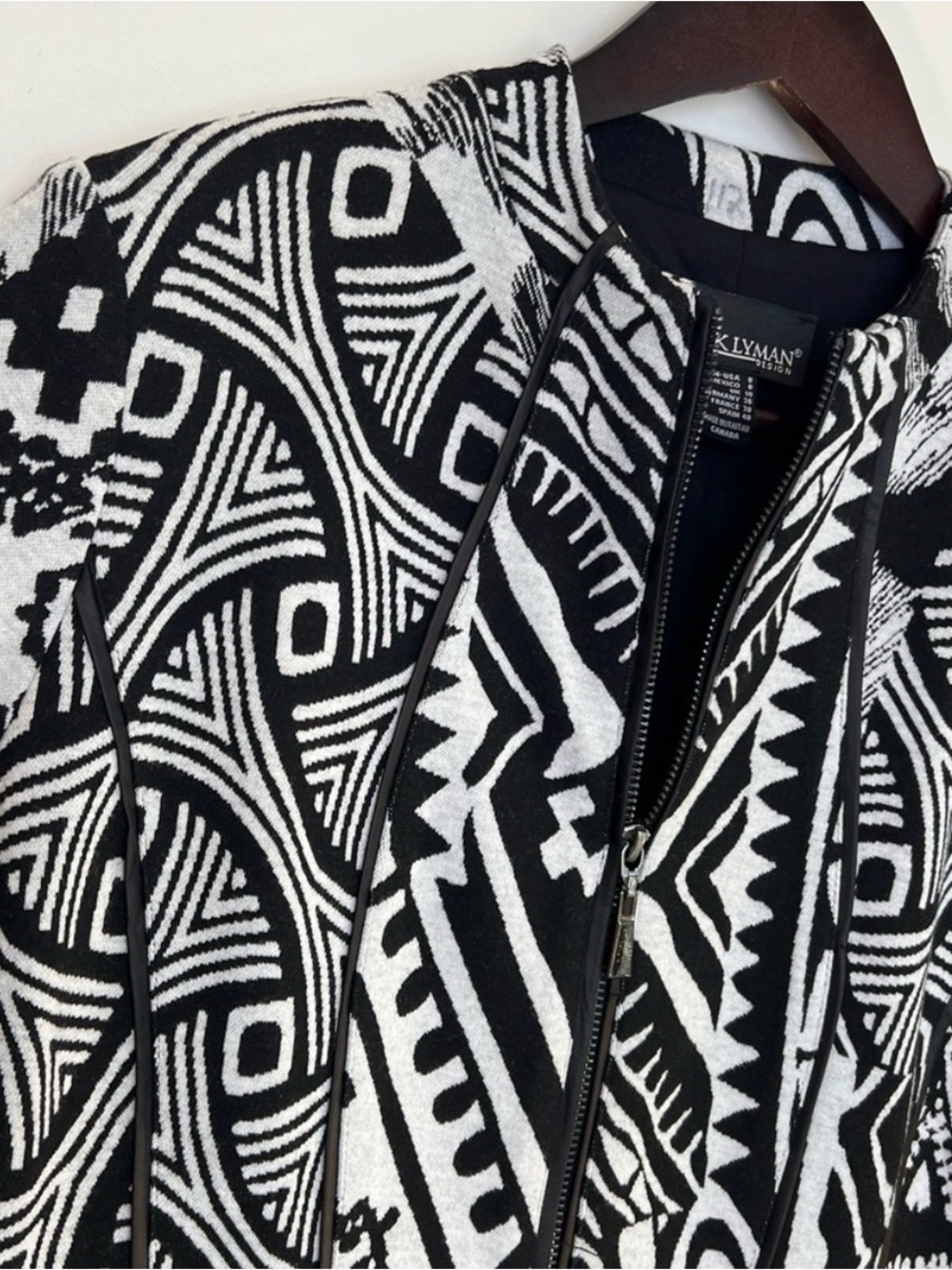 Frank Lyman Design Black White Ikat Faux Leather Knit Blazer Jacket Size 8 - Picture 5 of 16